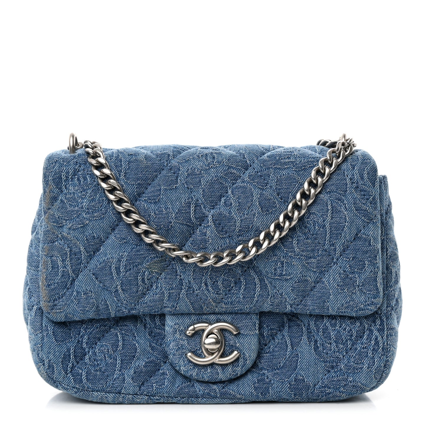 Denim Quilted Camellia Sweetheart Mini Flap Blue