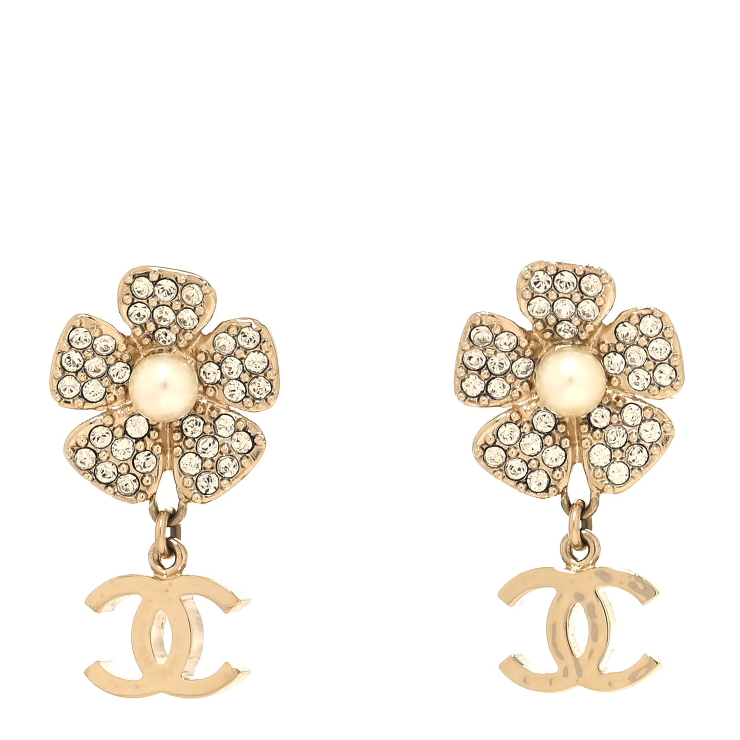Metal Pearl Crystal CC Flower Drop Earrings Gold White