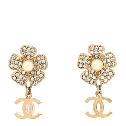 Chanel Metal Pearl Crystal CC Flower Drop Earrings Gold White 1 of 5