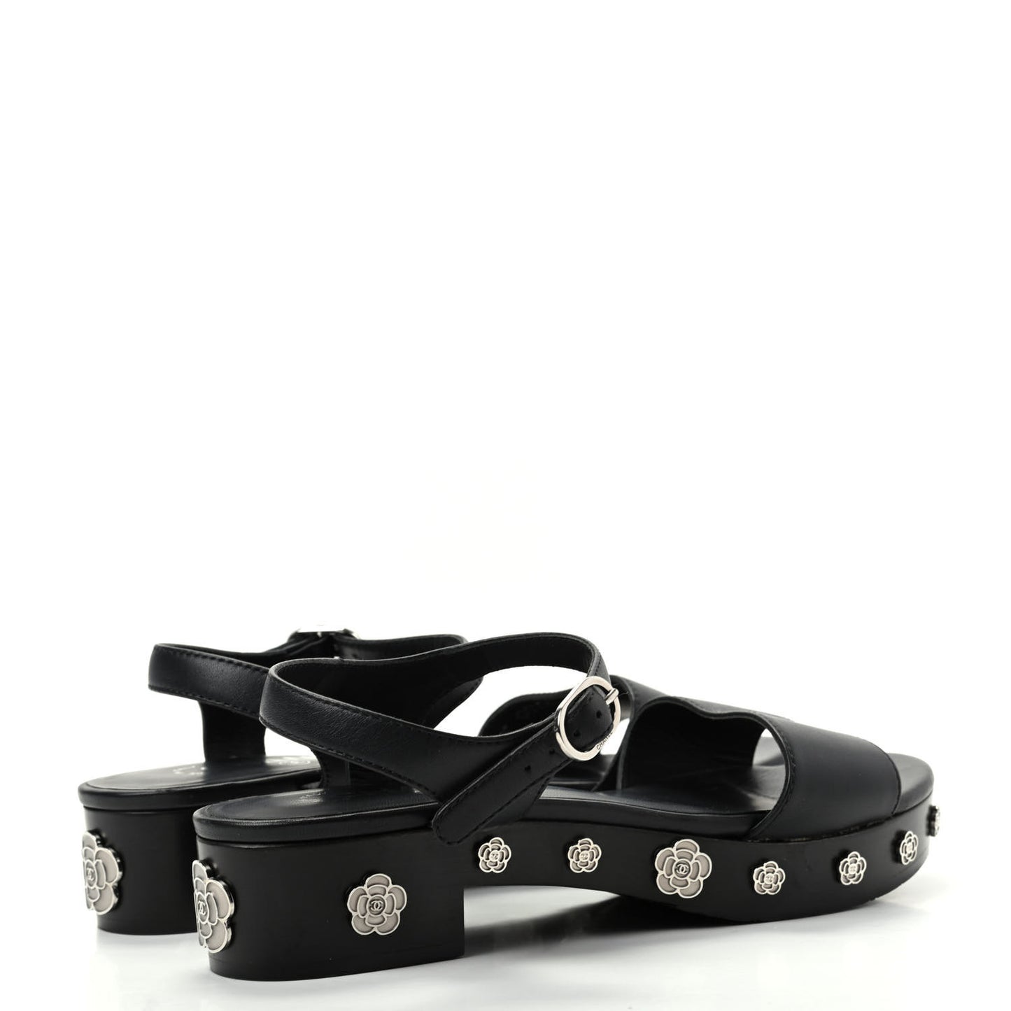 Calfskin Camellia Platform Sandals 39 Black