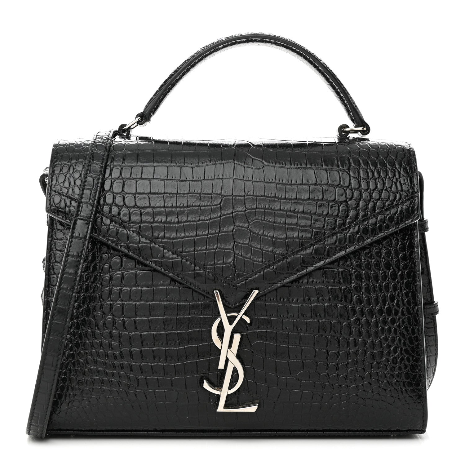 Saint Laurent Calfskin Crocodile Embossed Medium Classic Monogram Cassandra Top Handle Black Rouge Legion 1 of 11