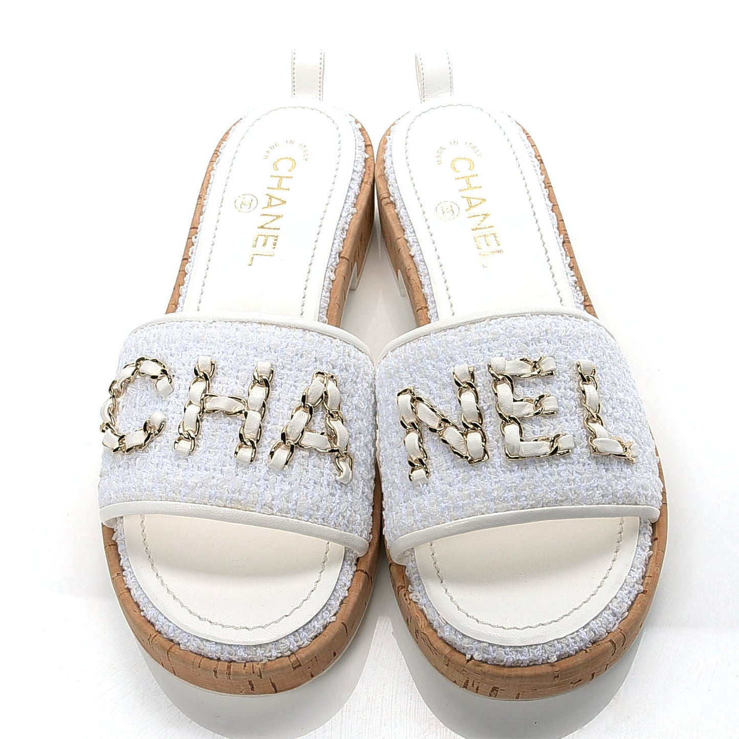 Tweed Cork CC Chain Mule Sandal 39.5 White