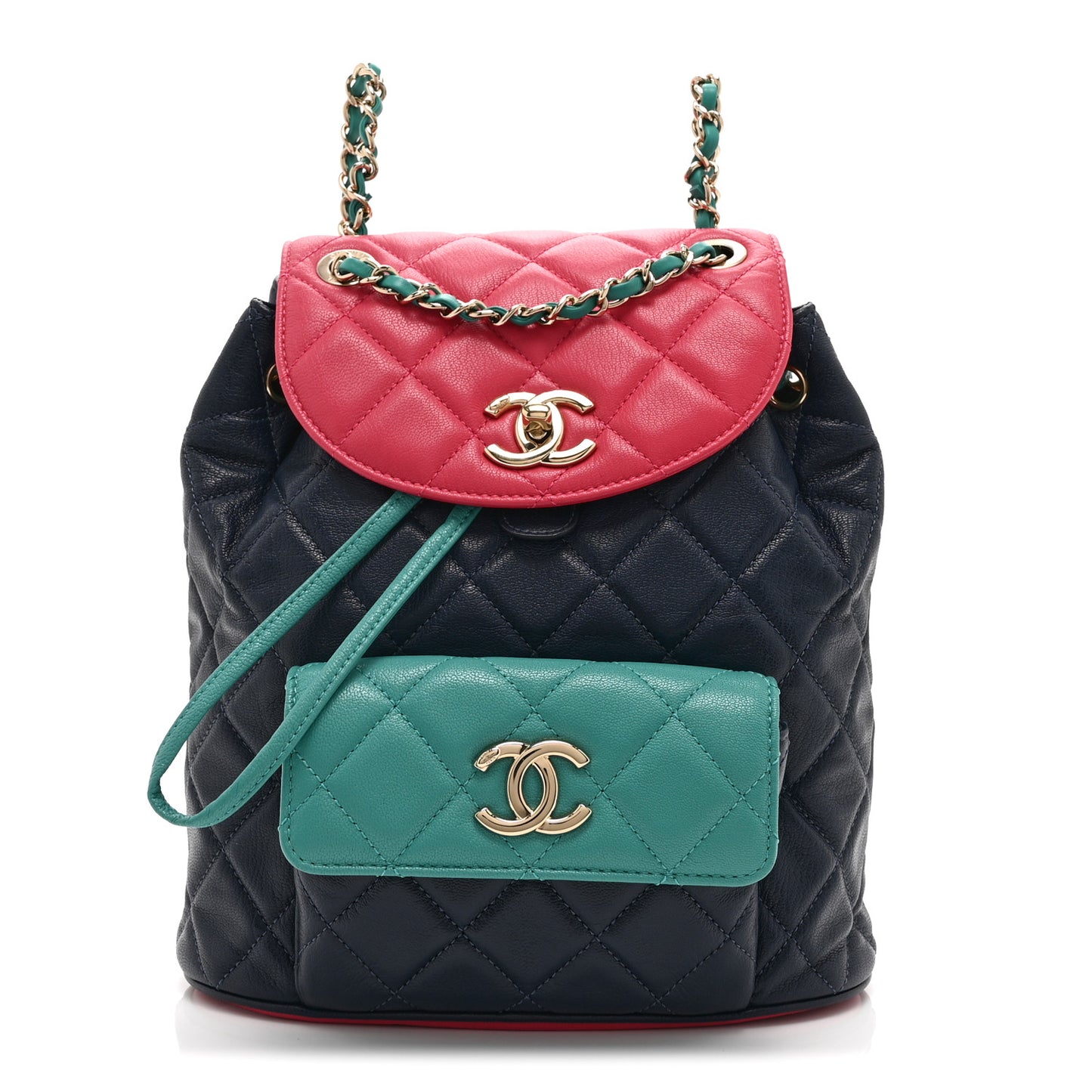 Goatskin Quilted Duma Drawstring Backpack Navy Turquoise Pink