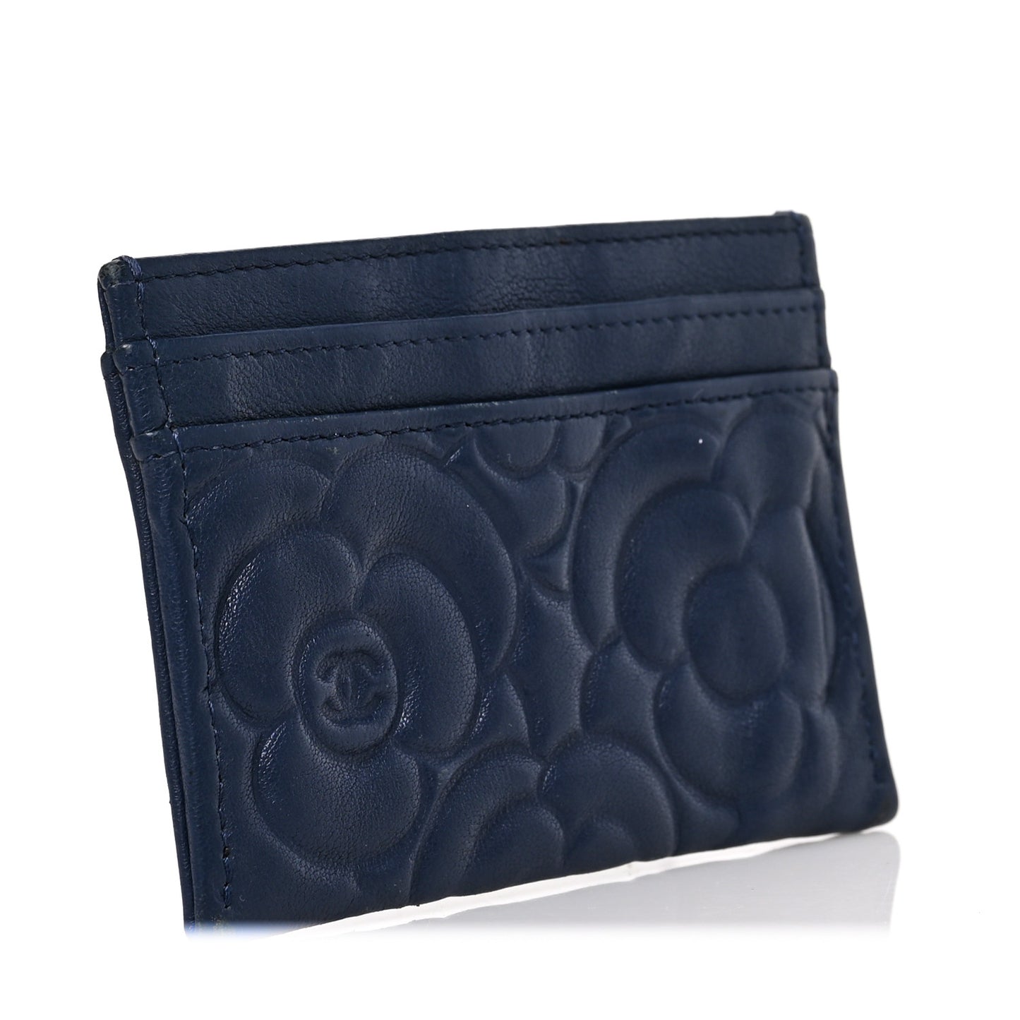 Lambskin Camellia Embossed Card Holder Navy