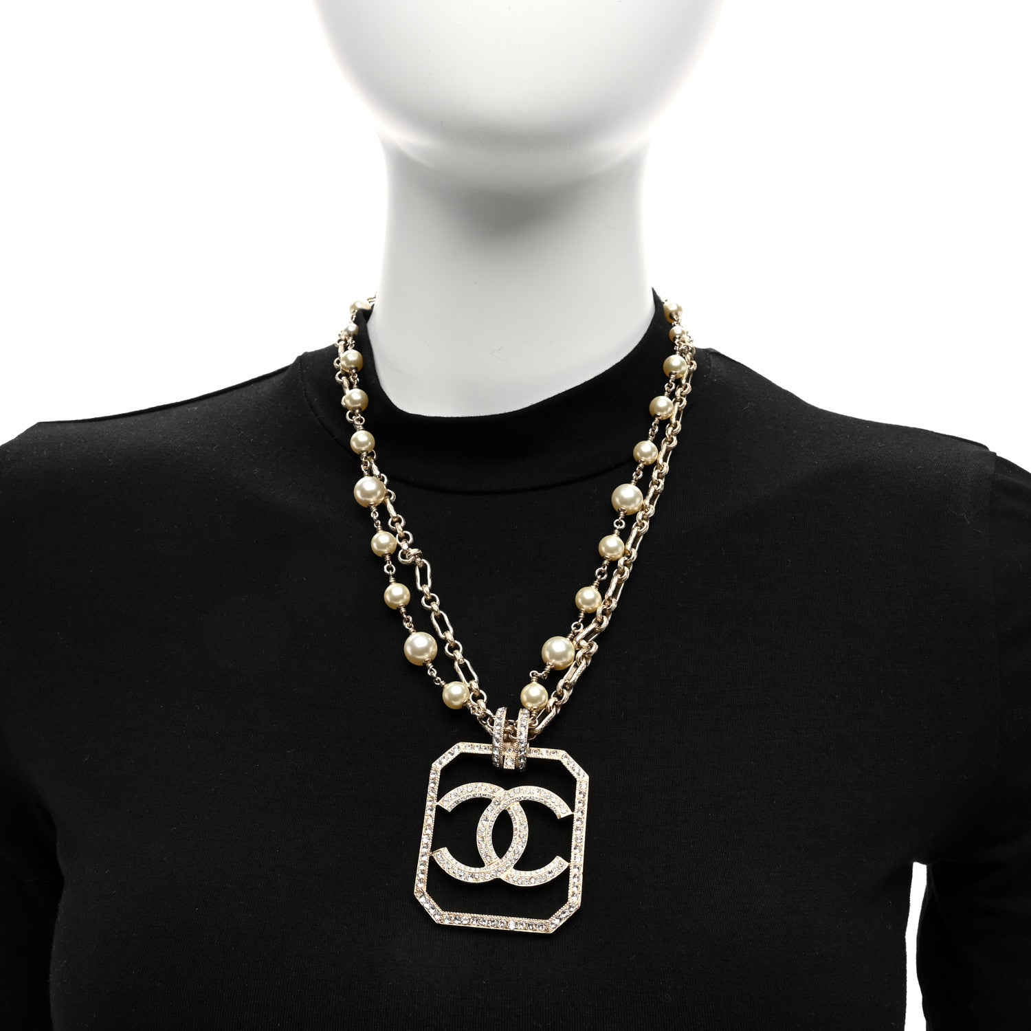 Chanel Pearl Crystal CC Double Strand Necklace Gold 2 of 5