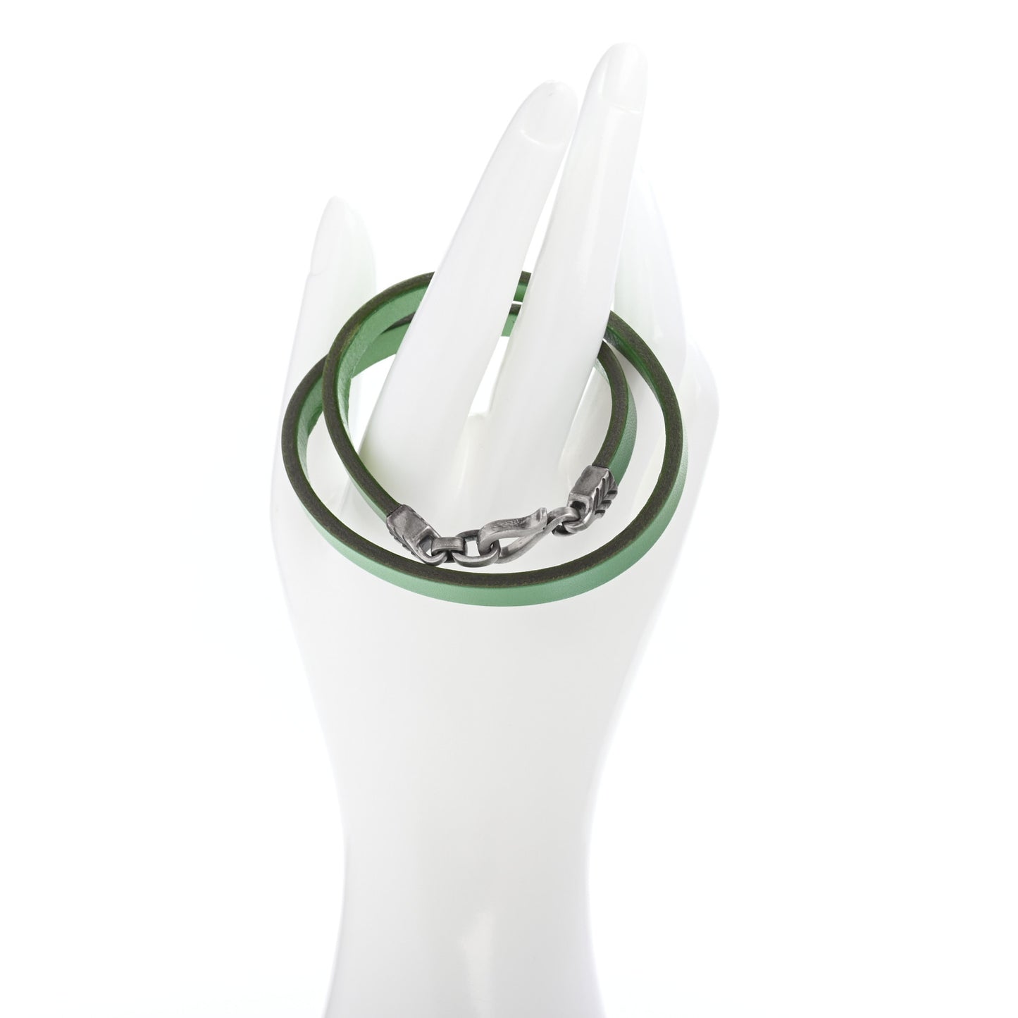 Sterling Silver Leather Chevron Double Wrap Bracelet Green