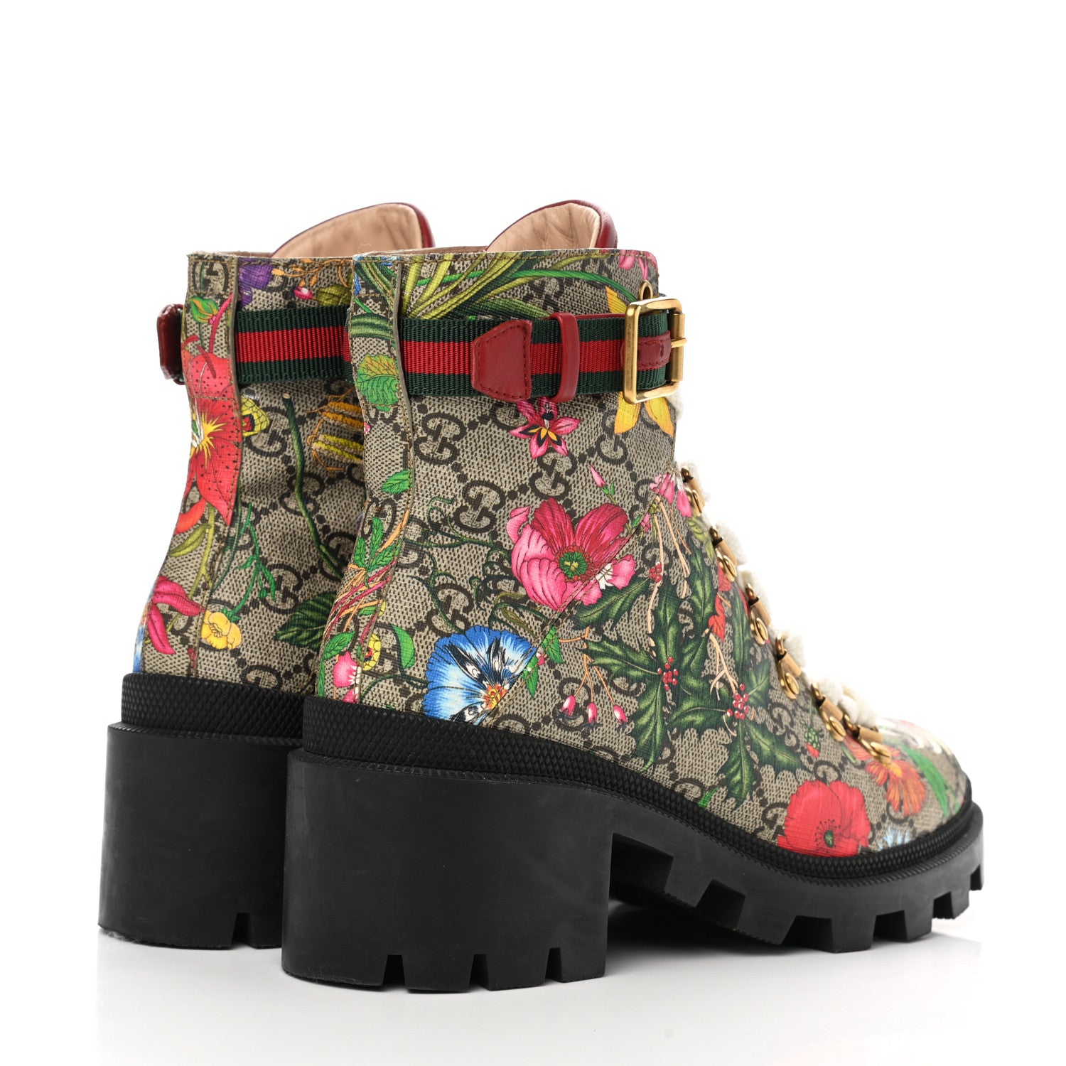 Gucci GG Supreme Monogram Flora Lace Up Combat Ankle Boots 37.5 Beige Multicolor Red 5 of 9
