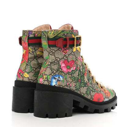 Gucci GG Supreme Monogram Flora Lace Up Combat Ankle Boots 37.5 Beige Multicolor Red 5 of 9