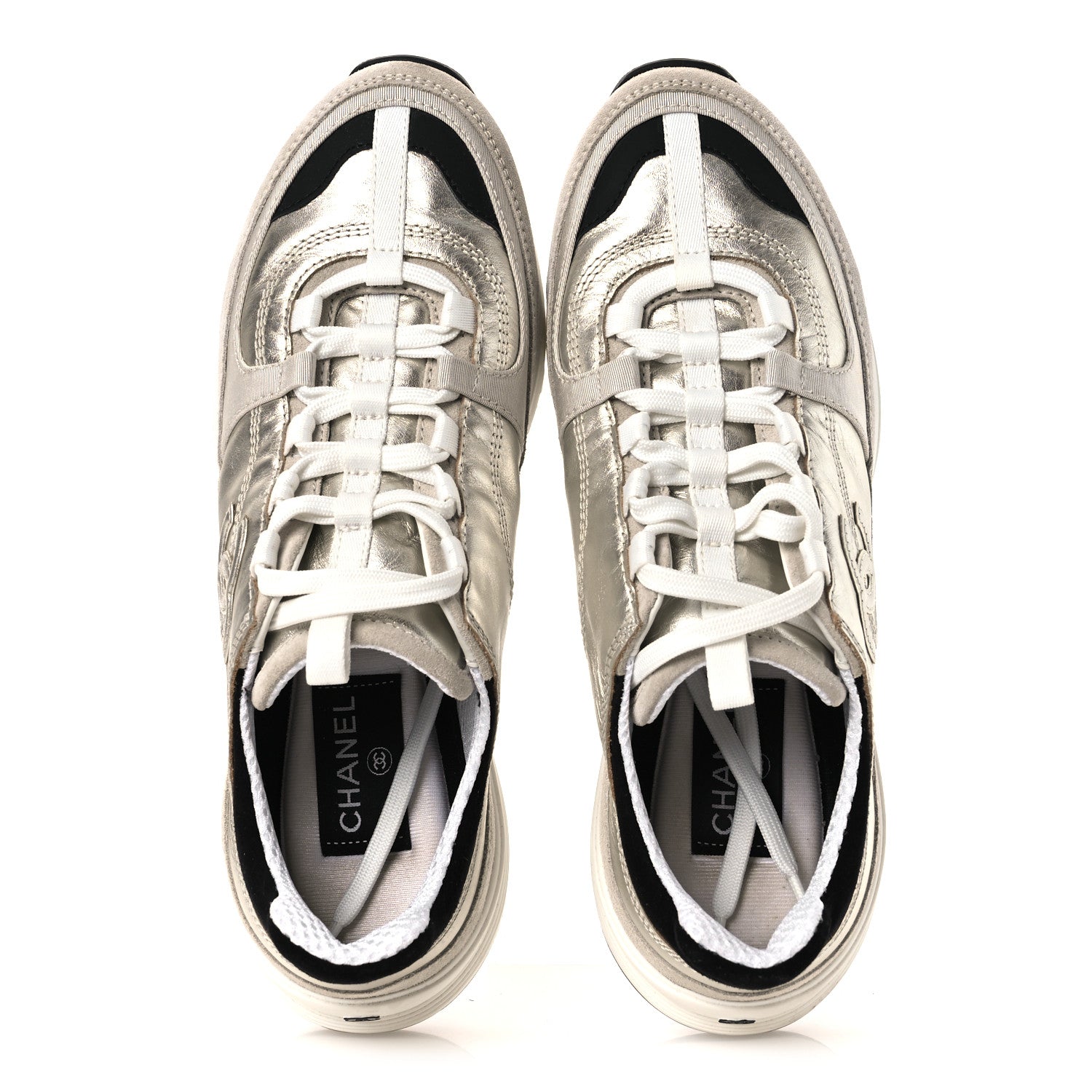 Chanel Suede Metallic Calfskin Womens CC Sneakers 39.5 White Silver 2 of 11