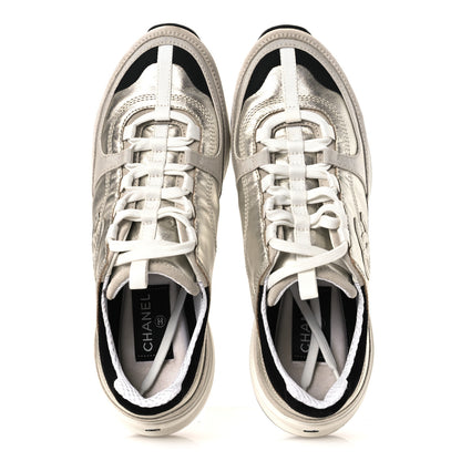 Chanel Suede Metallic Calfskin Womens CC Sneakers 39.5 White Silver 2 of 11