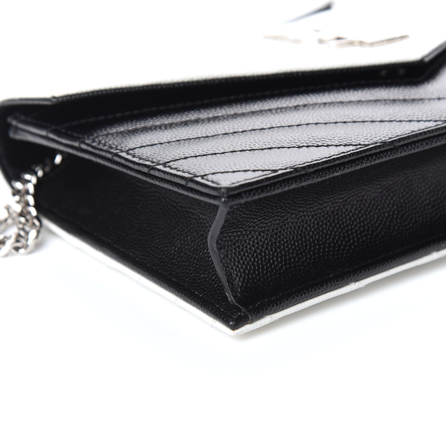 Saint Laurent Grain De Poudre Matelasse Chevron Monogram Envelope Chain Wallet Pearl White Black 7 of 8