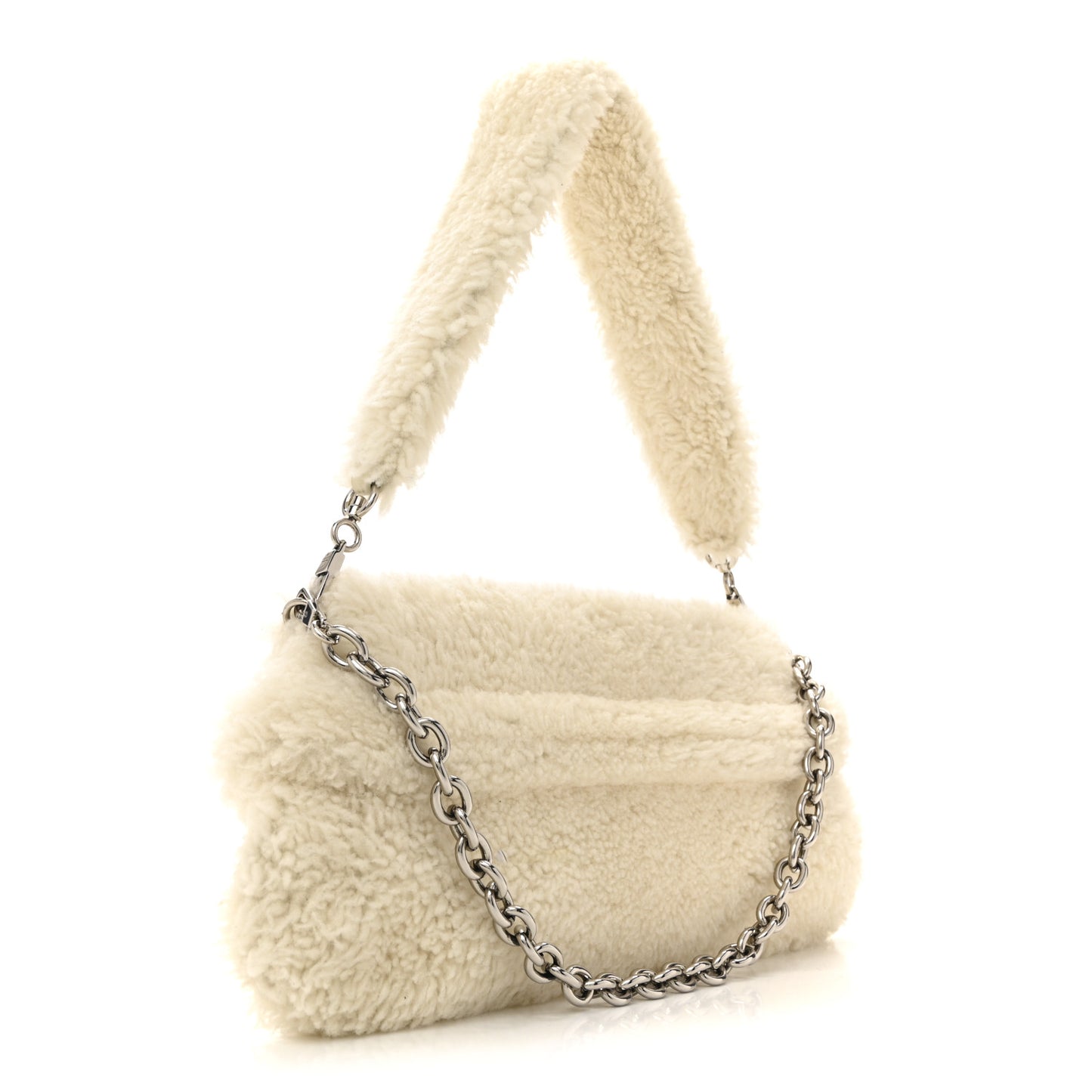 Merino Wool Medium Maxi Horsebit Chain Shoulder Bag Off White