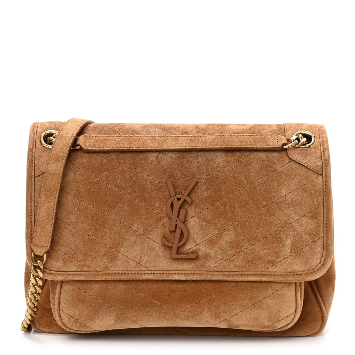Suede Monogram Medium Niki Chain Satchel Cinnamon