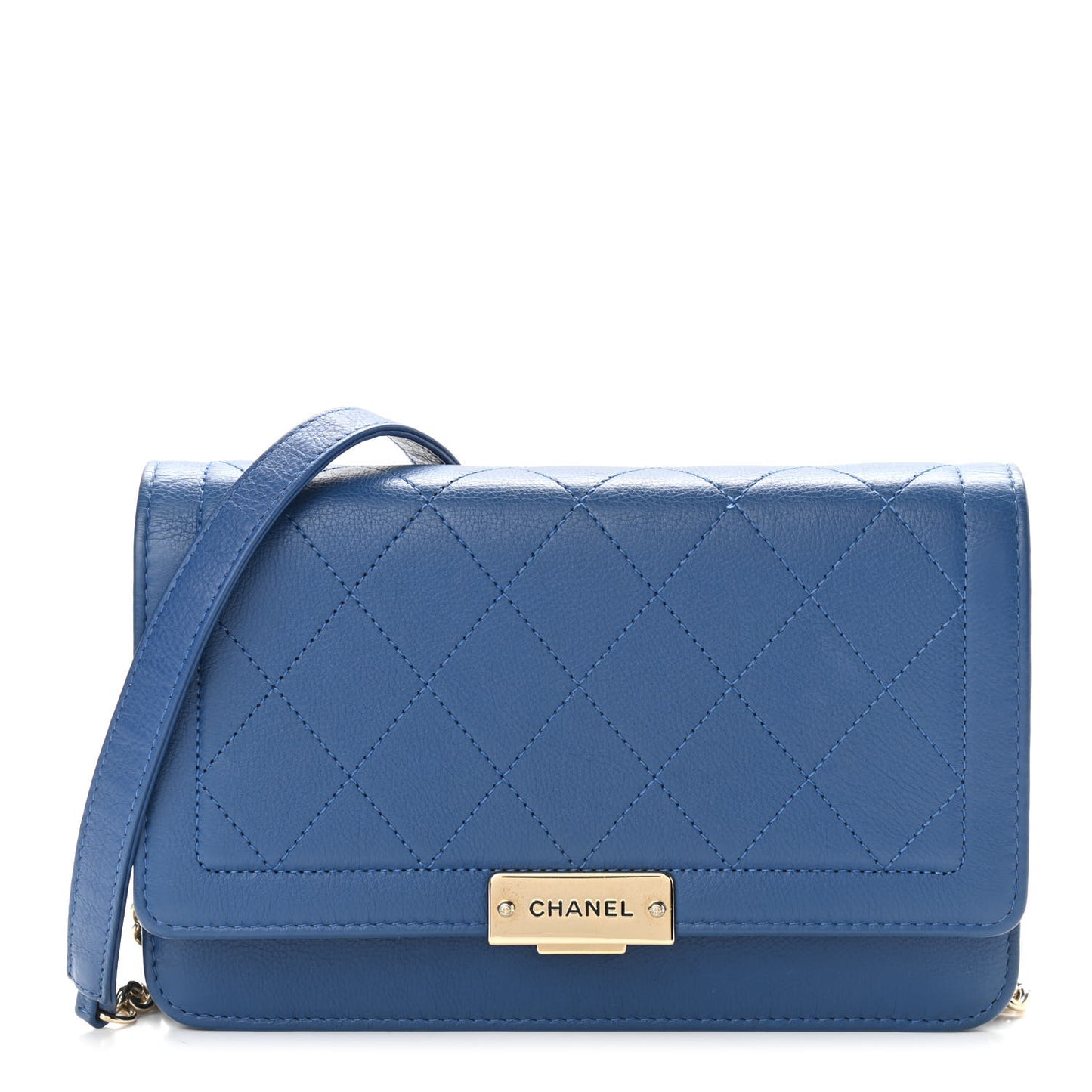 Grained Calfskin Quilted Label Click Flap Wallet On Chain WOC Blue