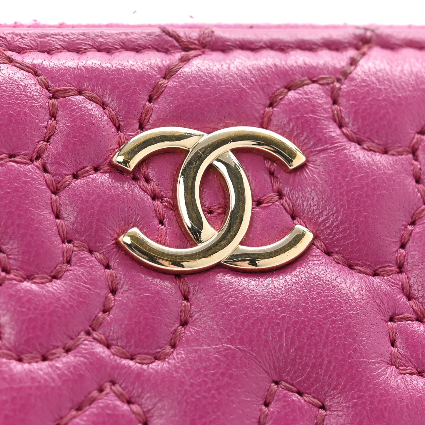 Lambskin Camellia Embossed Small Zip Around Wallet Dark Pink