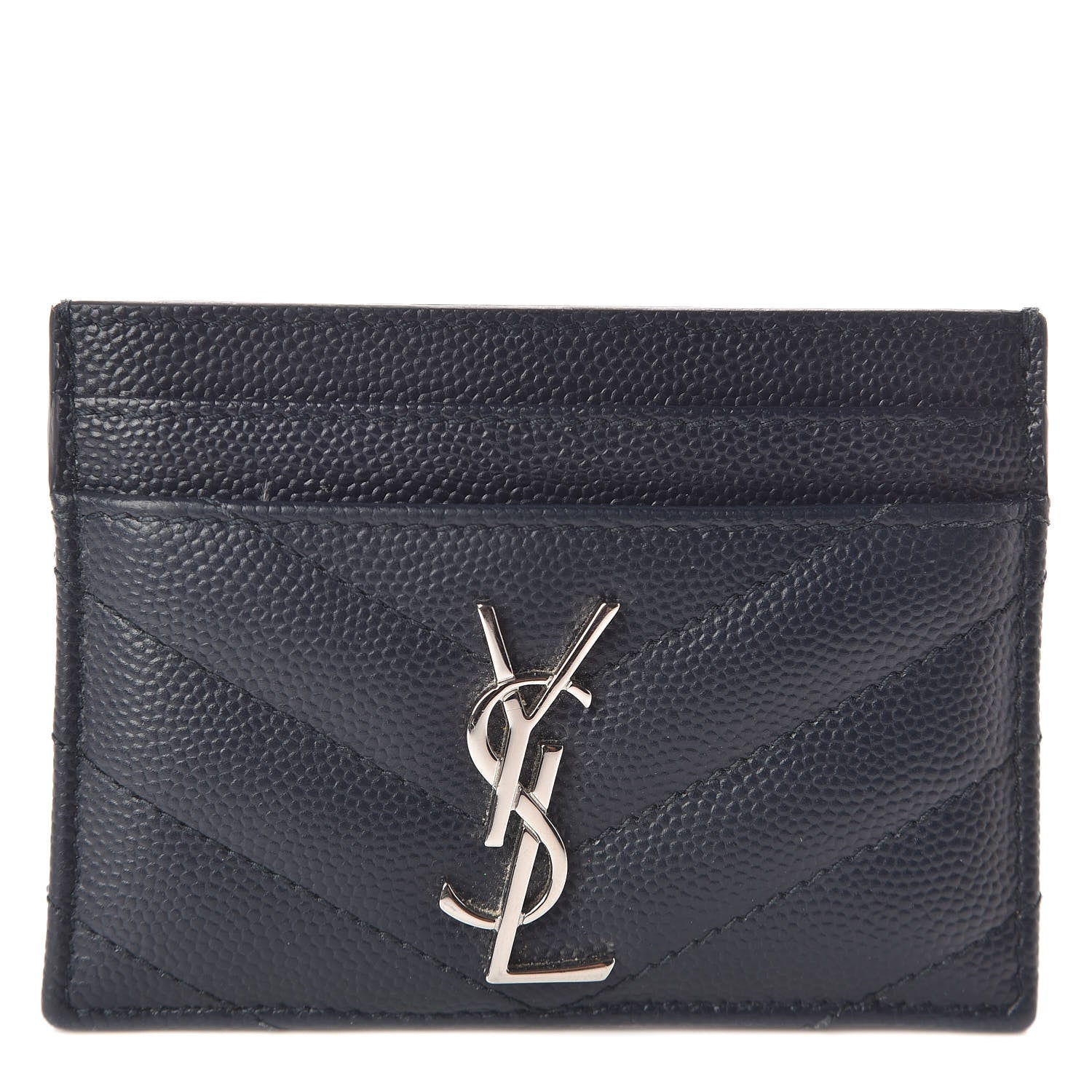Saint Laurent Grain De Poudre Matelasse Monogram Chevron Credit Card Case Deep Marine 1 of 7