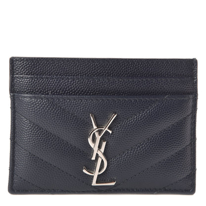 Saint Laurent Grain De Poudre Matelasse Monogram Chevron Credit Card Case Deep Marine 1 of 7