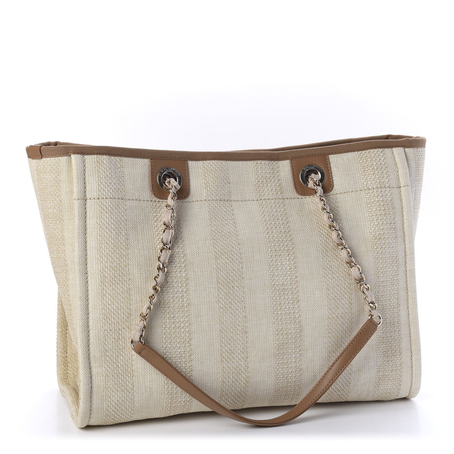 Mixed Fibers Calfskin Striped Small Deauville Tote Beige