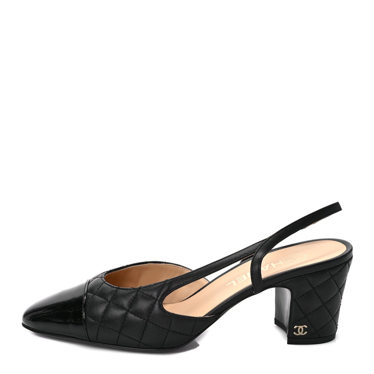 Lambskin Patent Calfskin Quilted Cap Toe CC Slingback Pumps 39.5 Black