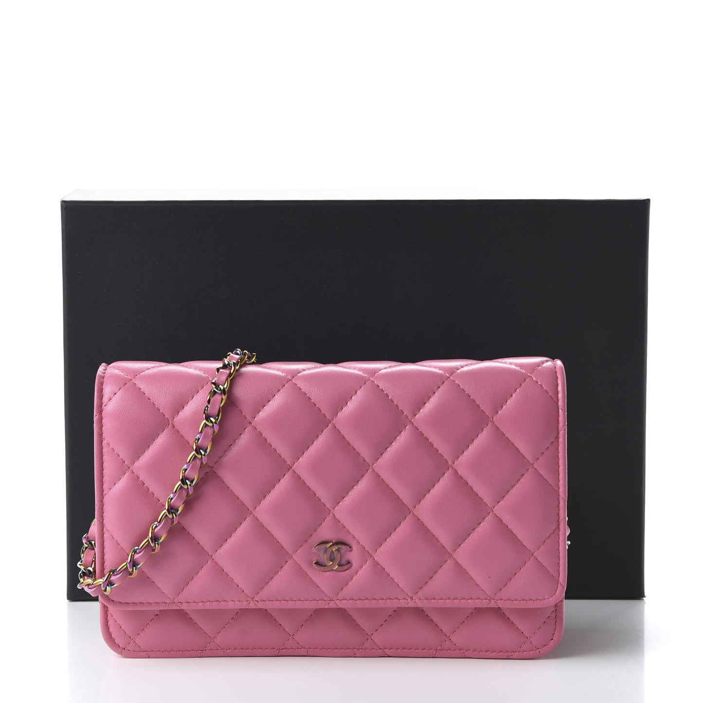 Lambskin Quilted Wallet On Chain WOC Pink Yellow