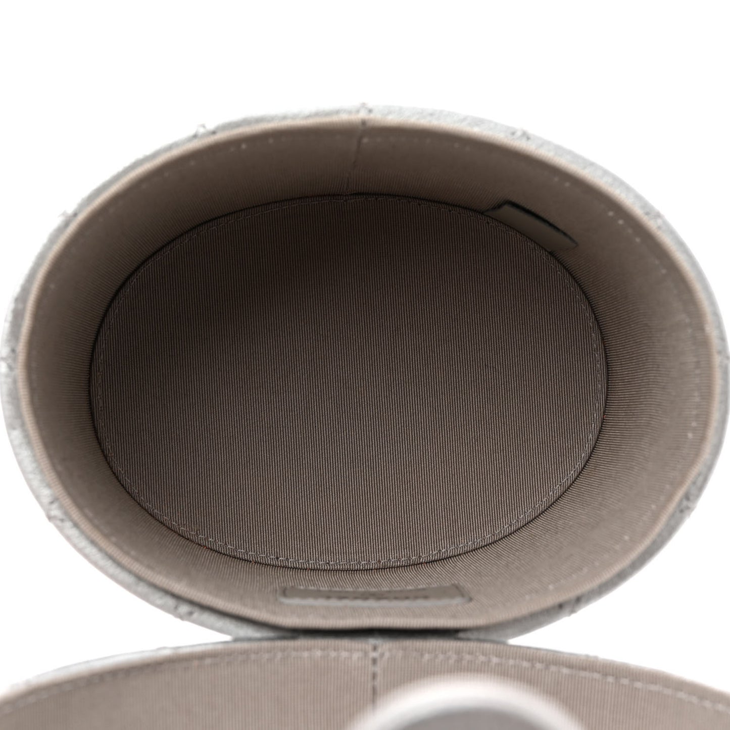 Metallic Lambskin Quilted Round Vanity Case With Chain Silver