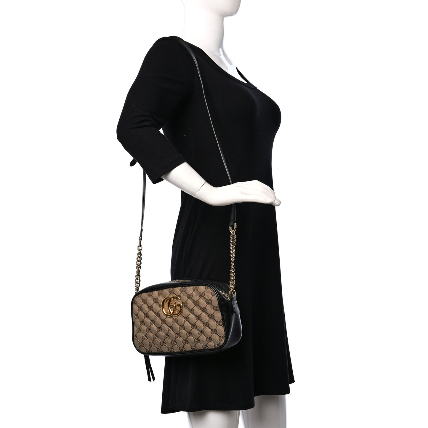 Monogram Matelasse Diagonal Small GG Marmont Chain Shoulder Bag Beige Black