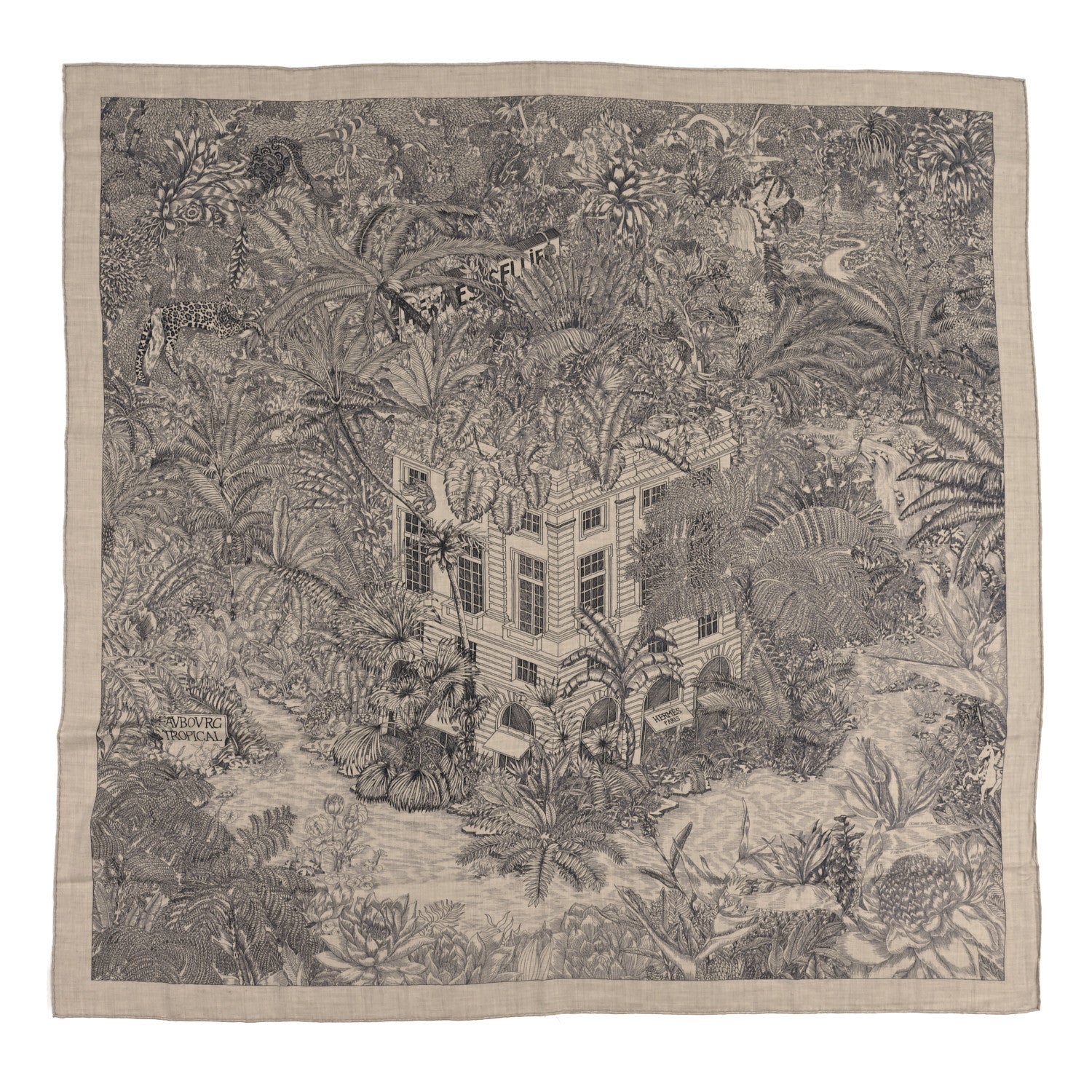 Hermes Cashmere Silk Faubourg Tropical Shawl 140 Naturel Gris Anthracite 1 of 4