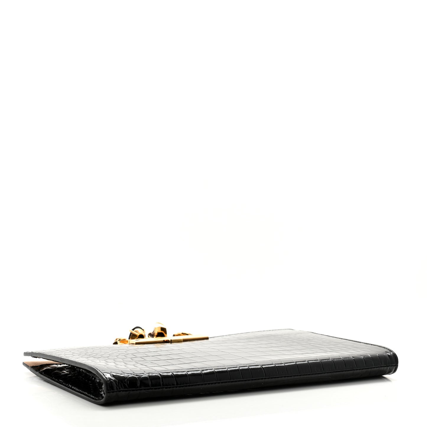 Calfskin Crocodile Embossed Knuckle Flat Clutch Black Gold