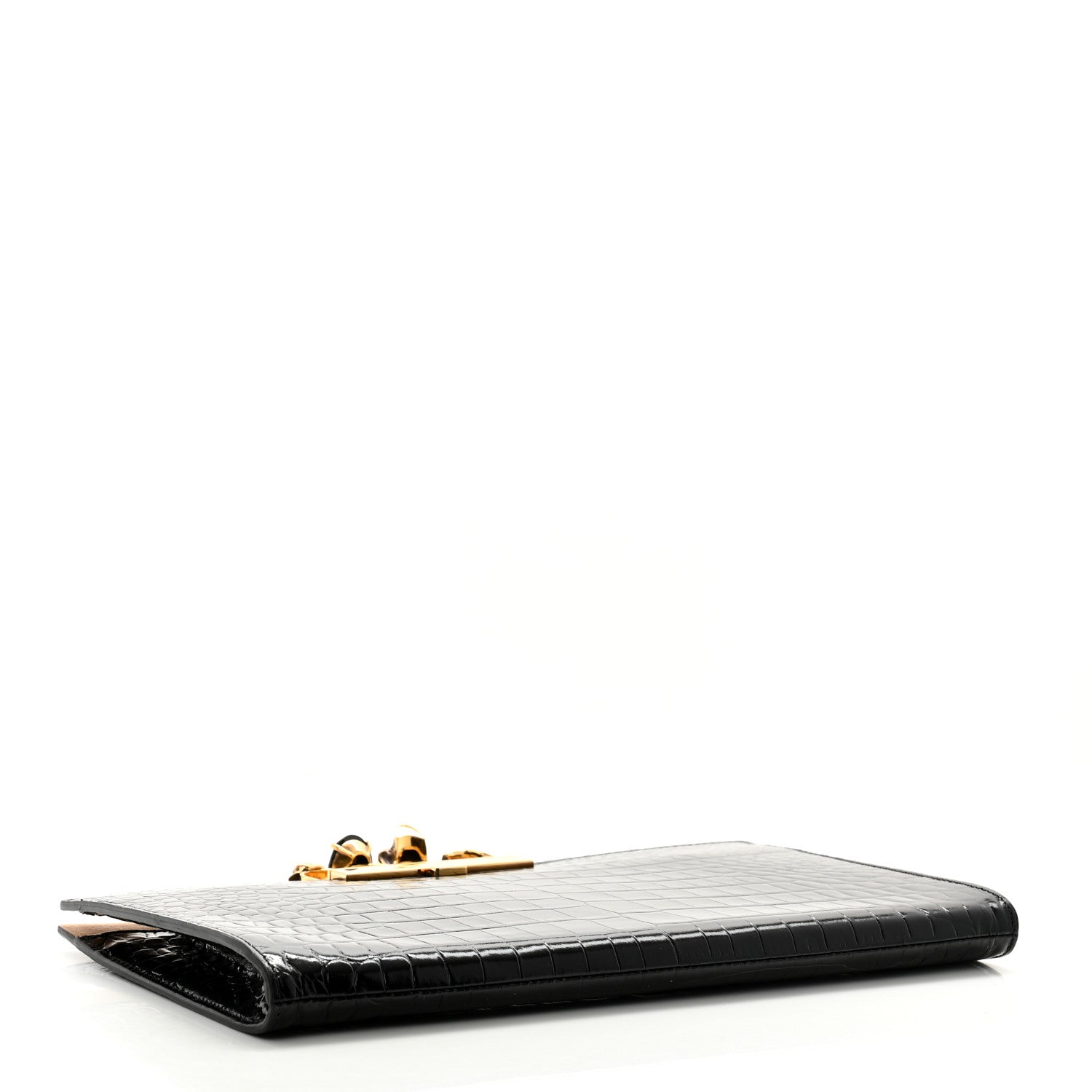 Alexander McQueen Calfskin Crocodile Embossed Knuckle Flat Clutch Black Gold 4 of 9