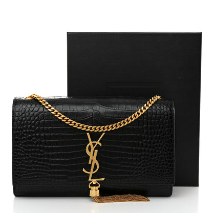 Saint Laurent Calfskin Crocodile Embossed Medium Classic Monogram Kate Tassel Satchel Black 13 of 13