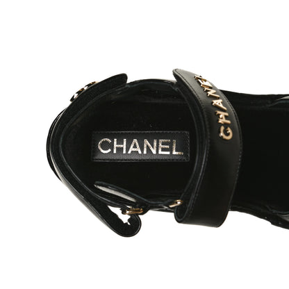 Chanel Shiny Calfskin Logo Platform Sandals 38 Black 9 of 13