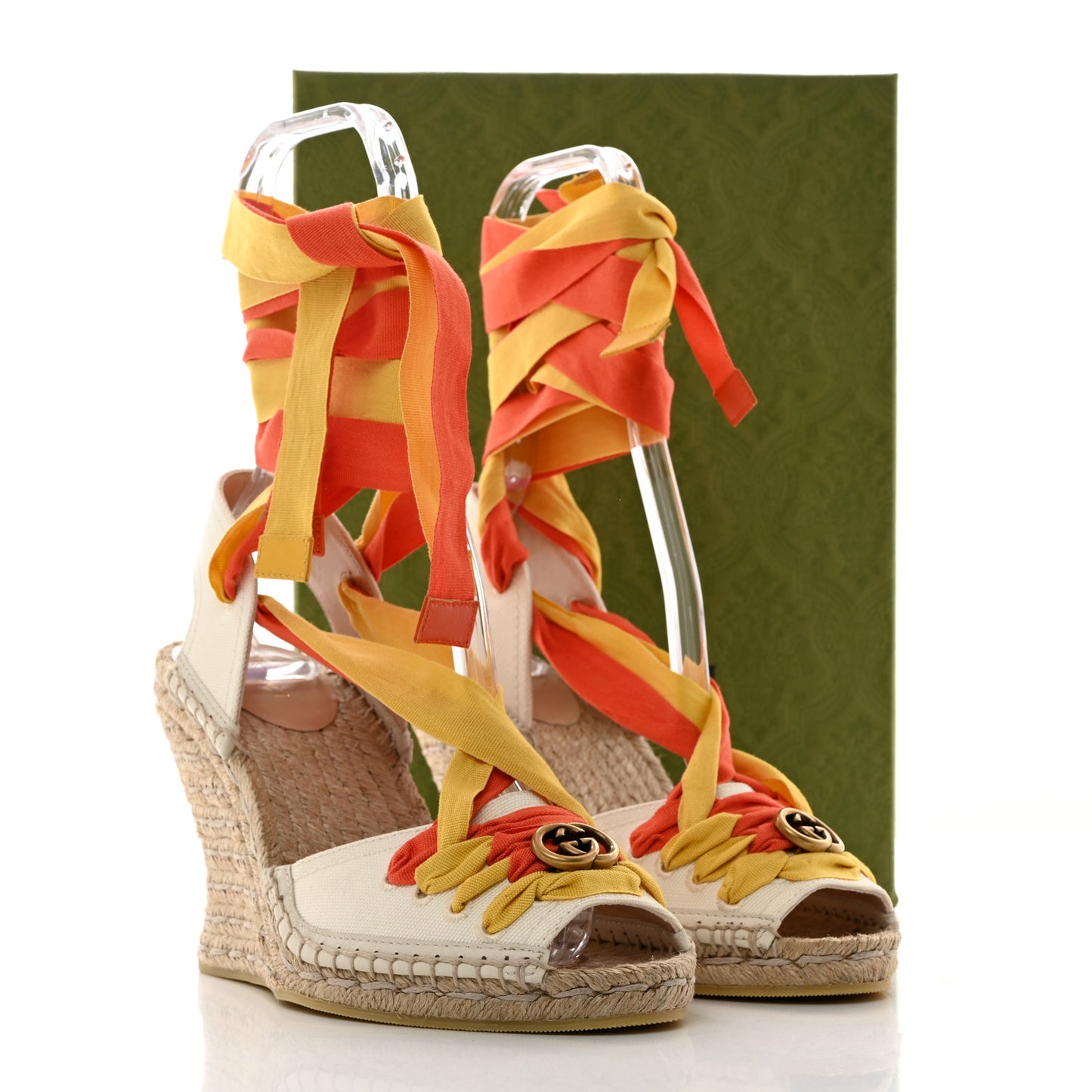 Canvas Ankle Wrap Interlocking G Platform 35/120mm Espadrille Wedges 36 Orange Yellow
