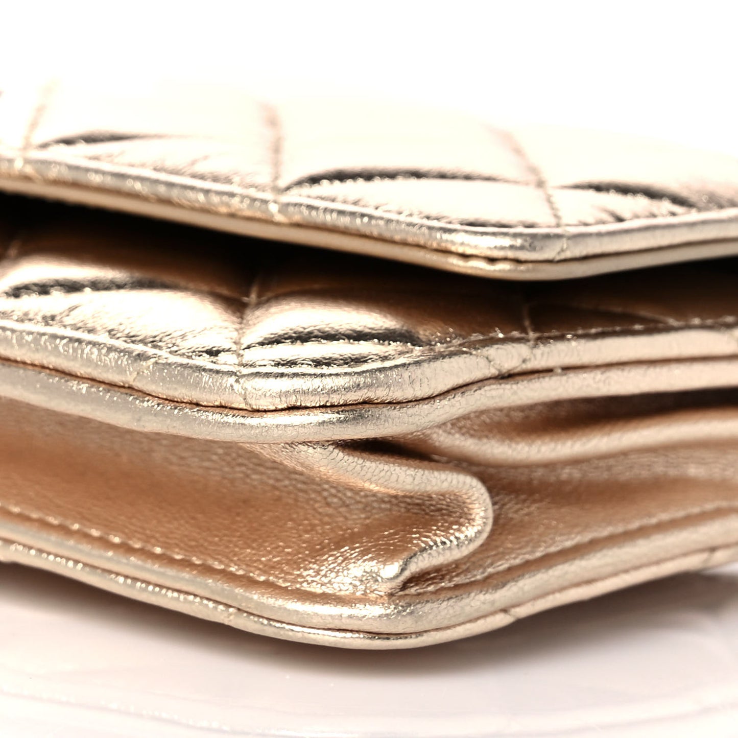Metallic Lambskin Quilted Wallet On Chain WOC Gold Black