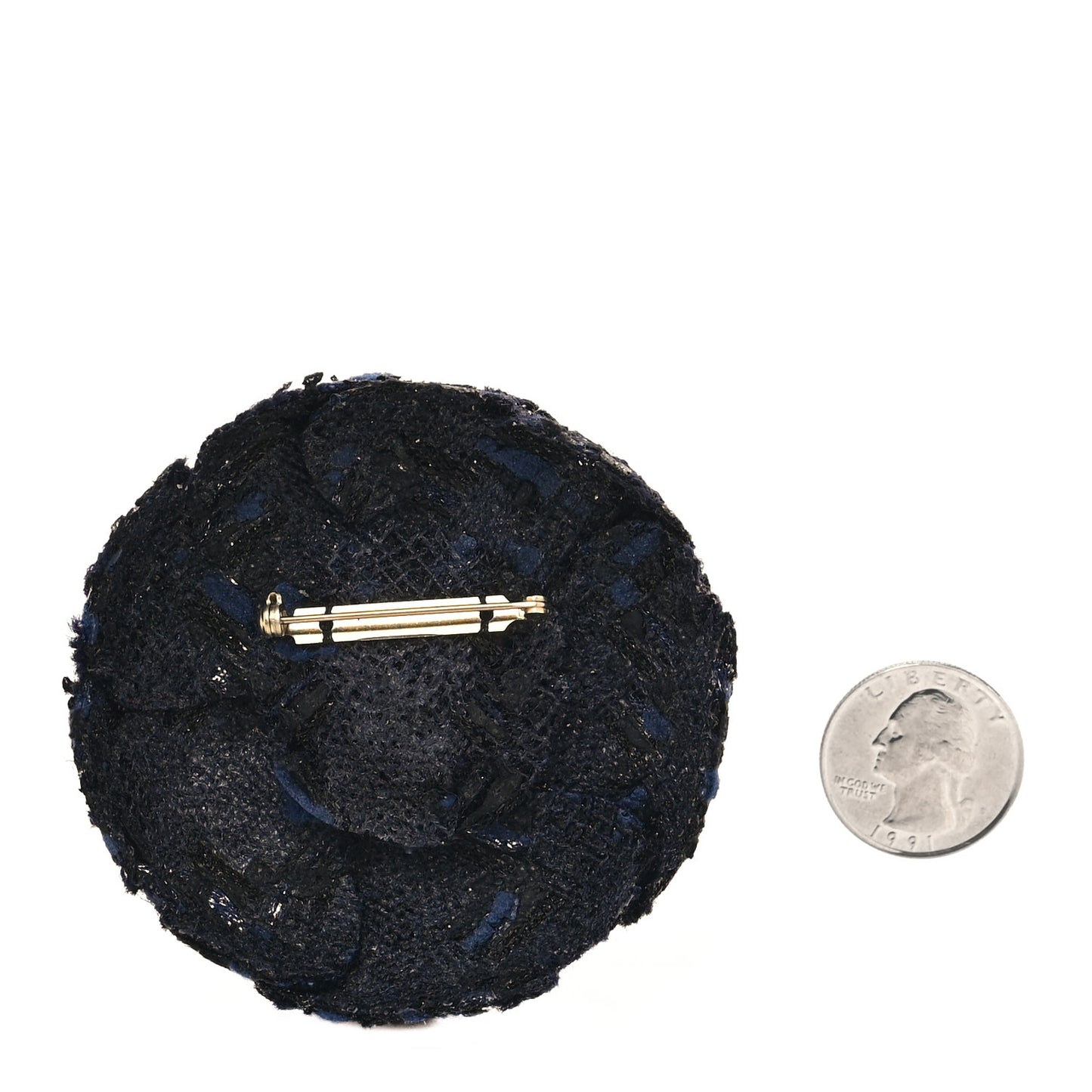 Tweed Camellia Pin Brooch Navy Blue