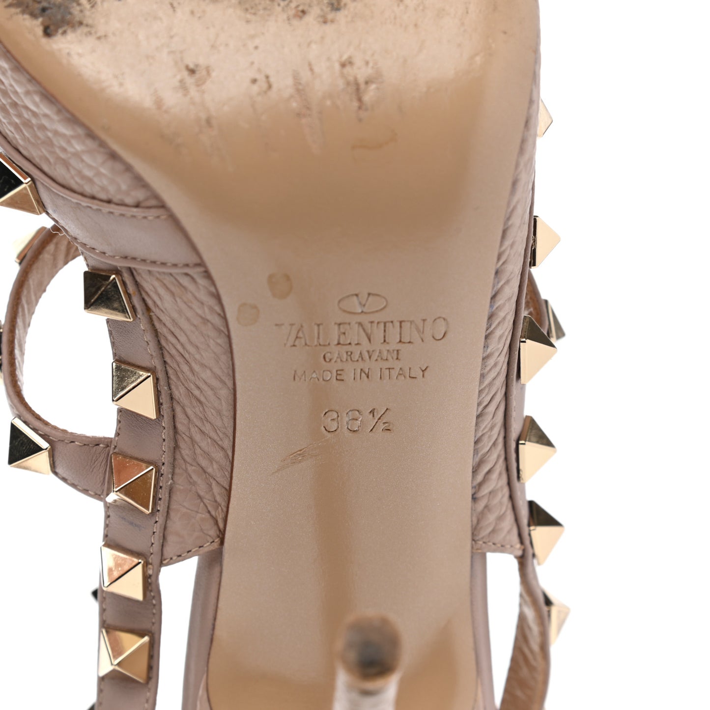 Pebbled Calfskin Rockstud Ankle Strap Pumps 36.5 Poudre