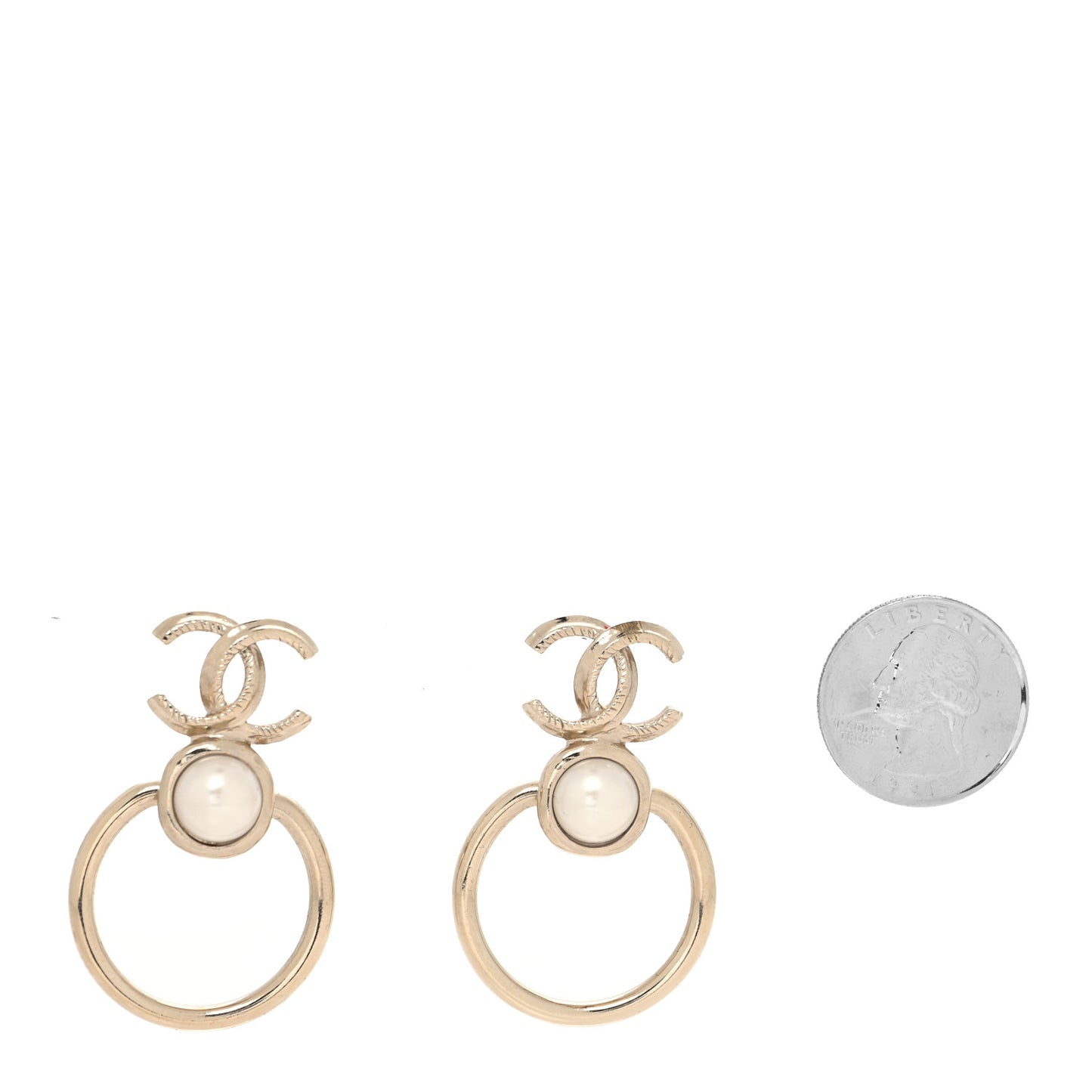 Metal Pearl CC Hoop Drop Earrings Gold
