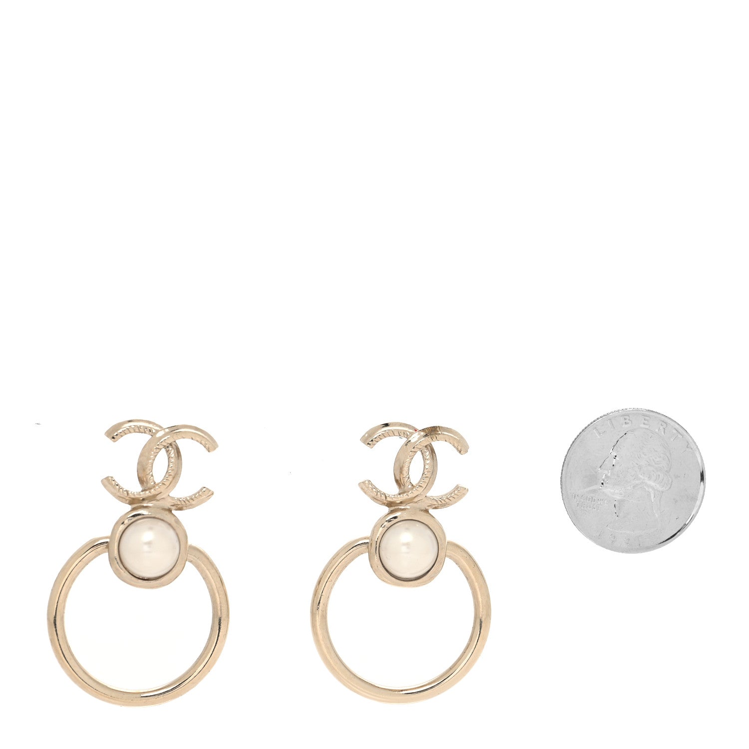 Chanel Metal Pearl CC Hoop Drop Earrings Gold 2 of 4