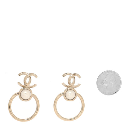 Chanel Metal Pearl CC Hoop Drop Earrings Gold 2 of 4