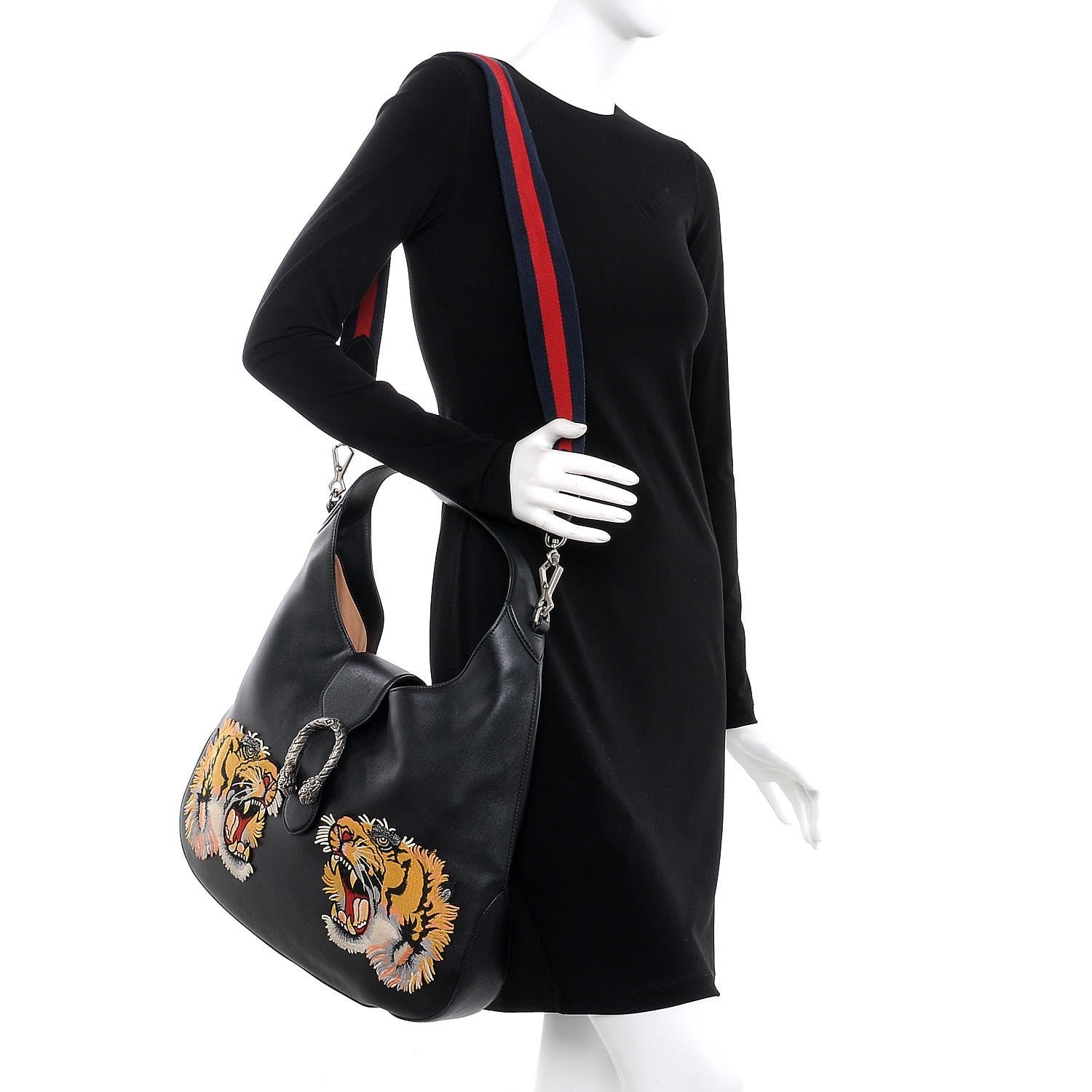 Gucci Calfskin Web Tiger Embroidered Large Dionysus Hobo Black 2 of 10