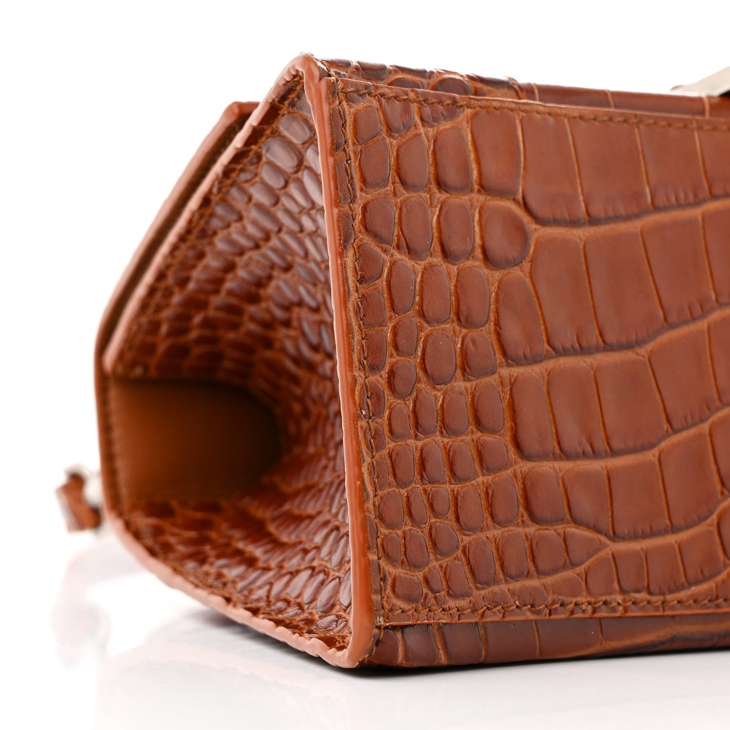 Shiny Calfskin Crocodile Embossed Small Hourglass Top Handle Bag Camel