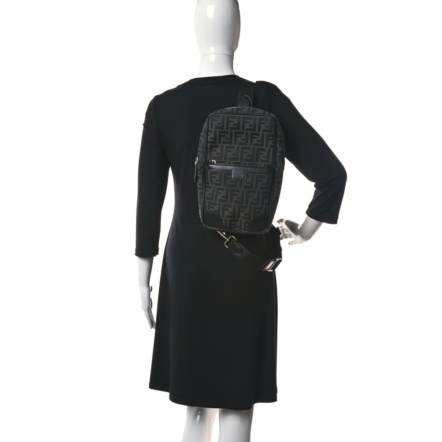 Recycled Fabric Jacquard Vitello Astro FF 1974 One-Shoulder Travel Backpack Asfalto Black