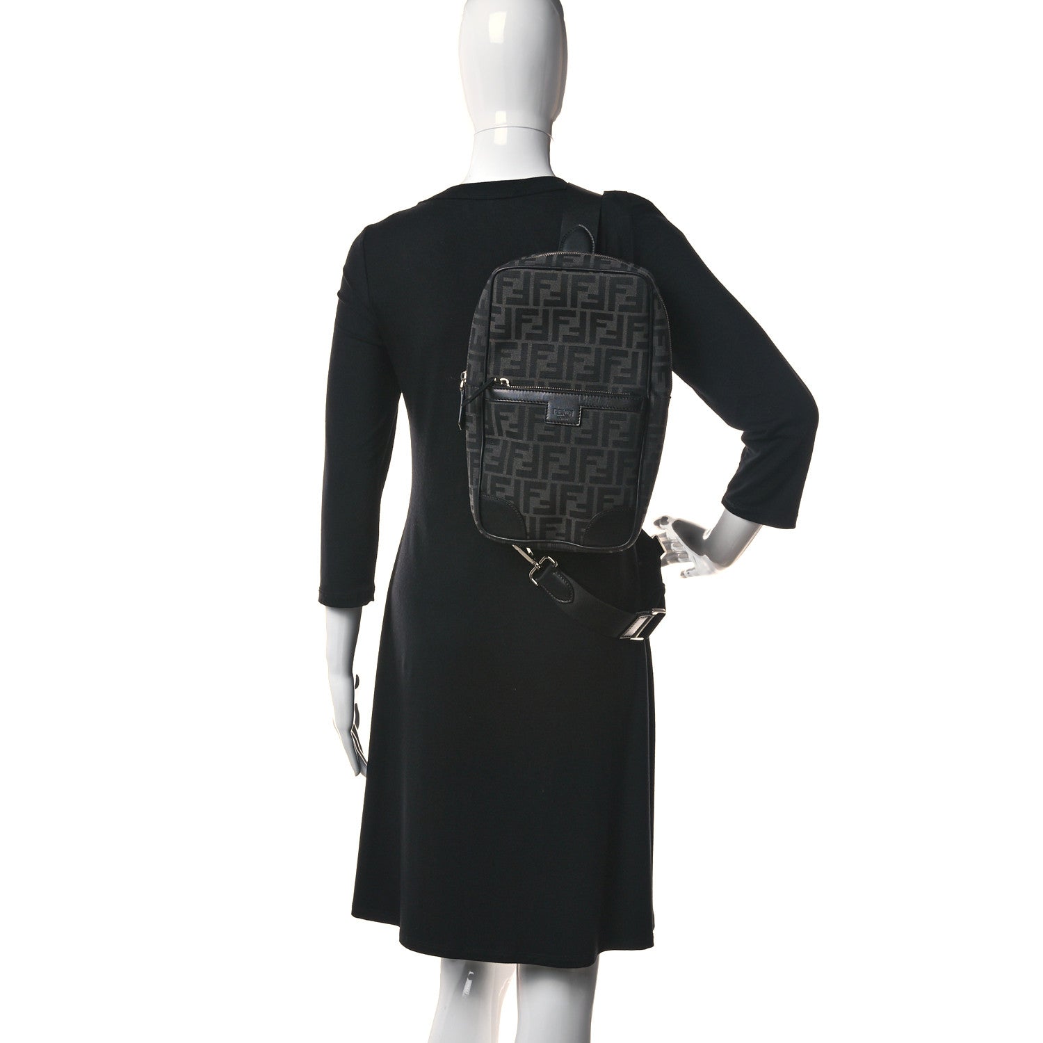 Fendi Recycled Fabric Jacquard Vitello Astro FF 1974 One-Shoulder Travel Backpack Asfalto Black 3 of 11