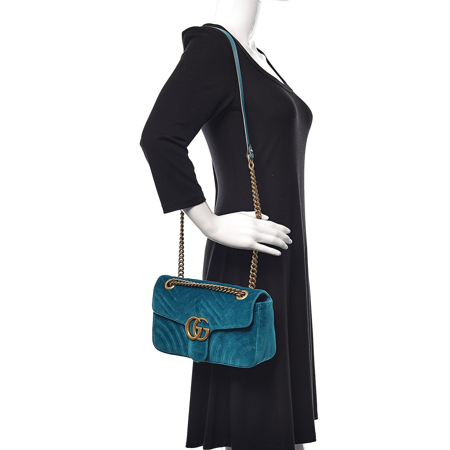 Velvet Matelasse Small GG Marmont Shoulder Bag Pavone Cyan