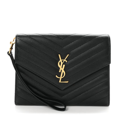 Saint Laurent Grain De Poudre Matelasse Chevron Monogram Envelope Clutch Black 1 of 8