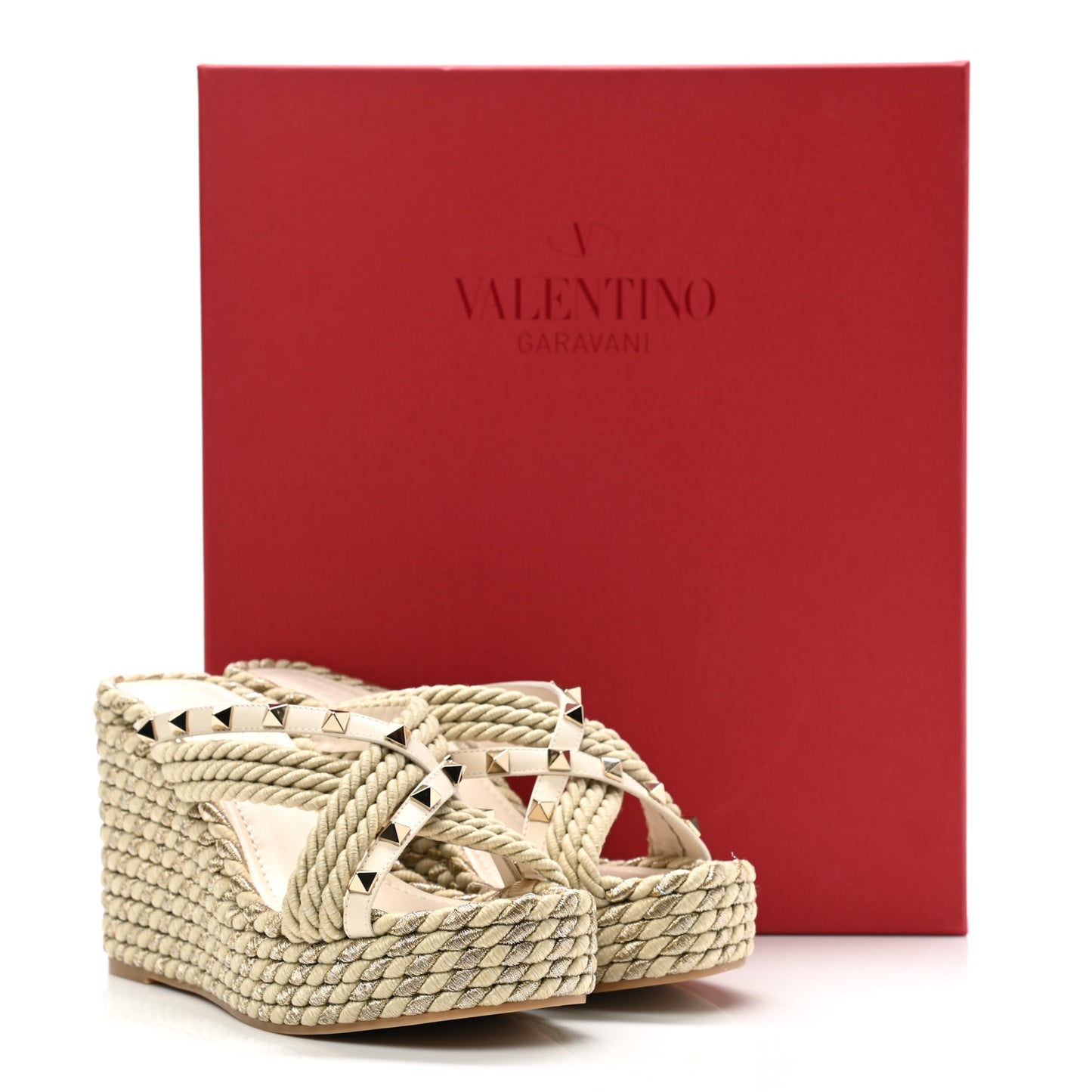 Calfskin Silk Rockstud Torchon Espadrille Wedge 25/95mm Slide Sandals 36 Light Ivory