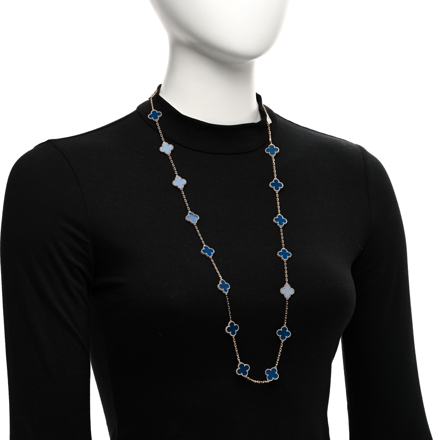 Van Cleef & Arpels 18K Yellow Gold Blue Agate 20 Motifs Vintage Alhambra Necklace 2 of 6