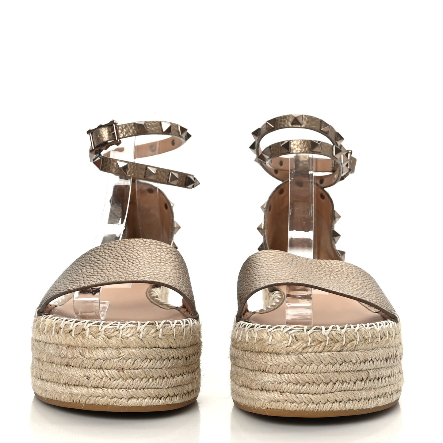 Metallic Grained Calfskin Rockstud Ankle Wrap Espadrille Flatform Sandals 40 Skin Natural