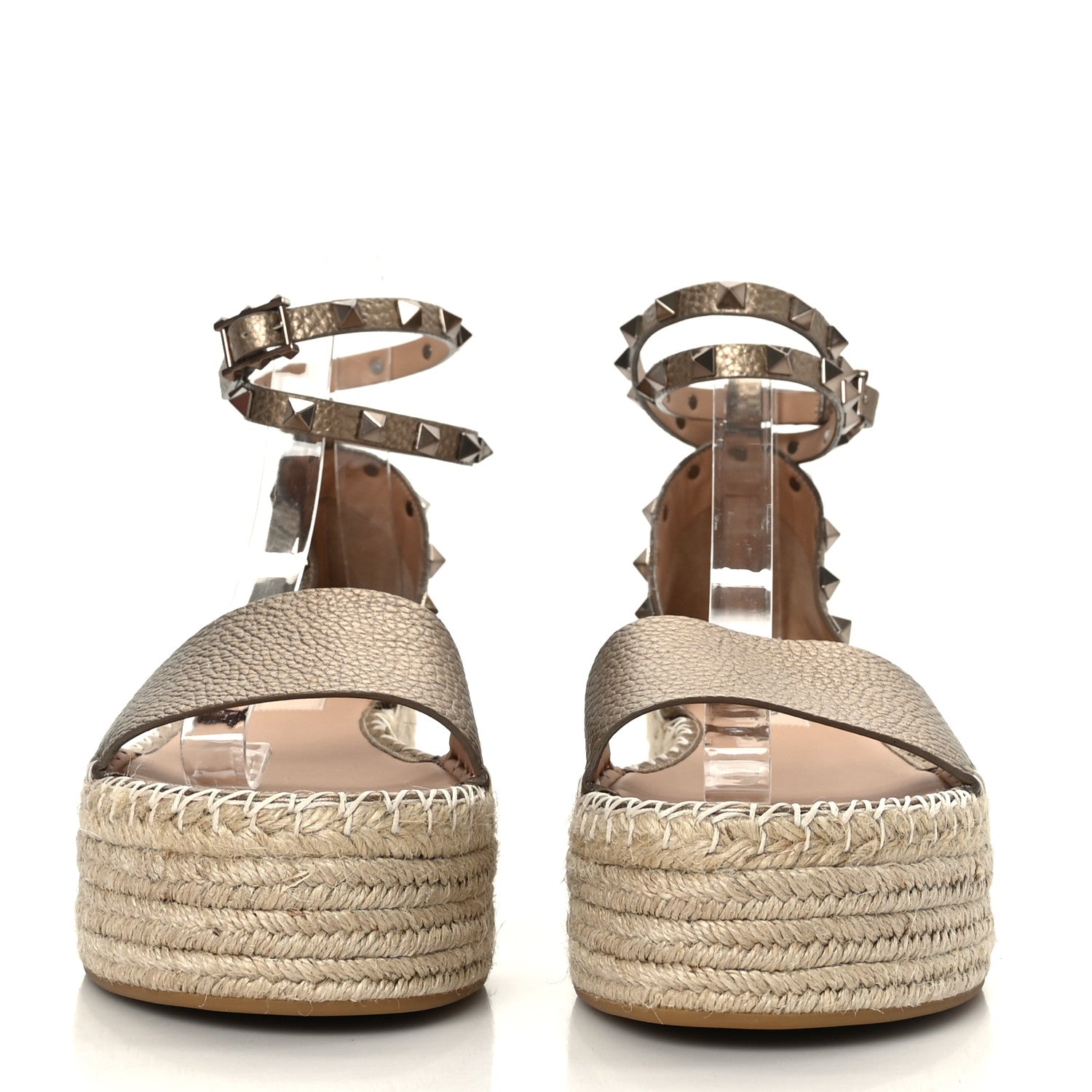 Valentino Garavani Metallic Grained Calfskin Rockstud Ankle Wrap Espadrille Flatform Sandals 40 Skin Natural 2 of 8