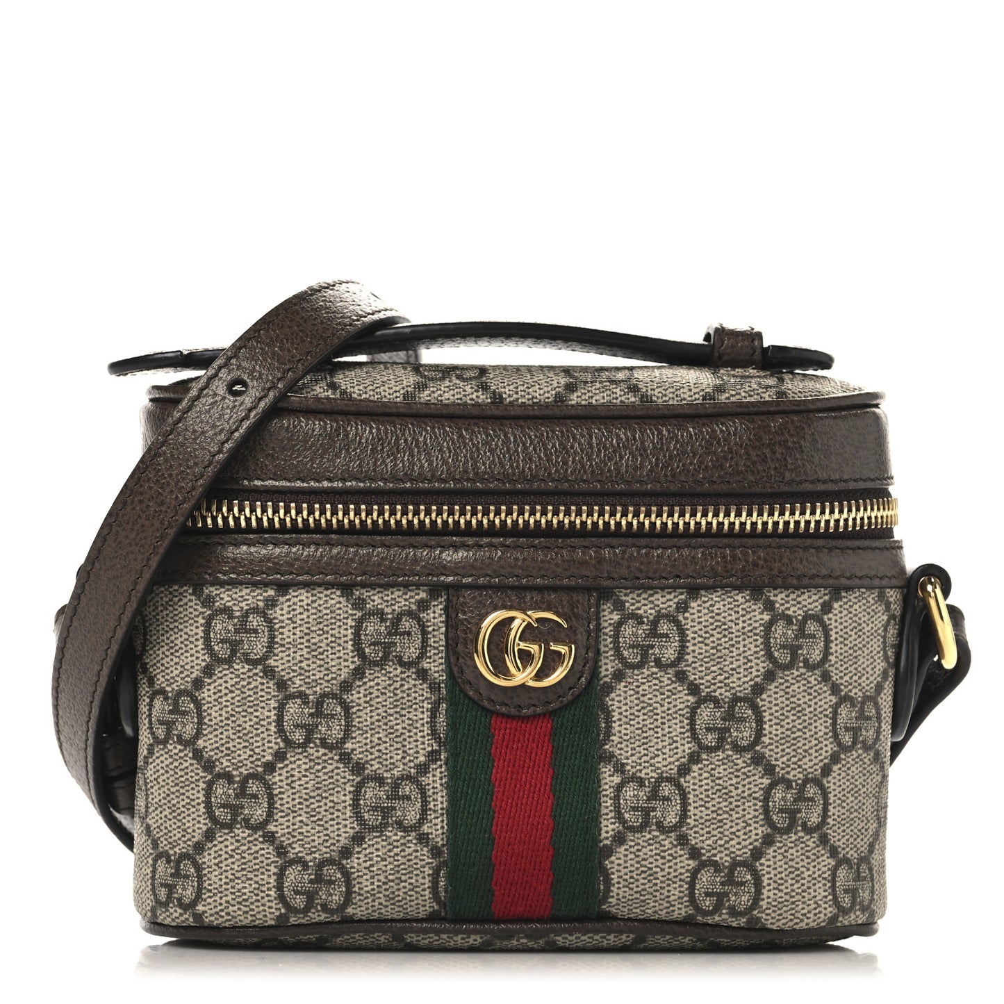 GG Supreme Monogram Textured Calfskin Web Mini Ophidia Top Handle Bag Beige Ebony New Acero