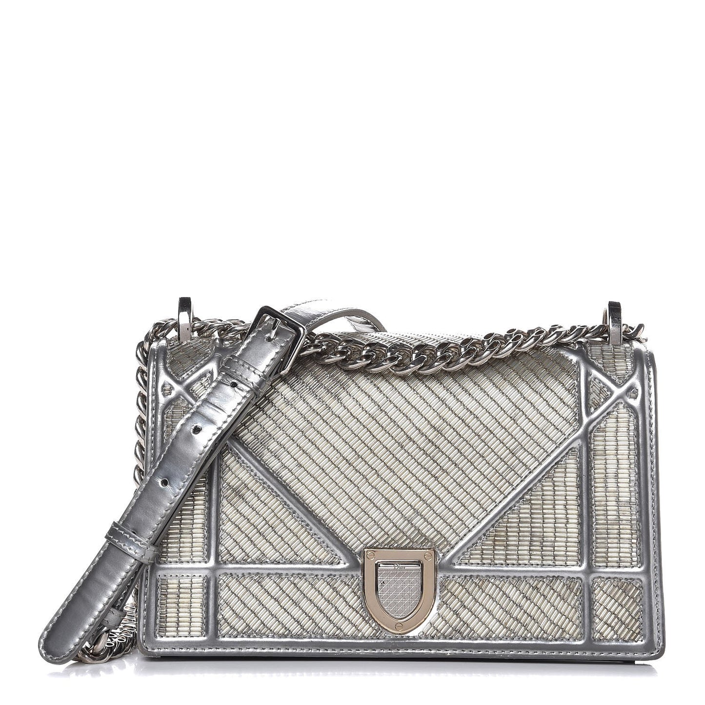 Metallic Calfskin Beaded Small Diorama Flap Bag Silver